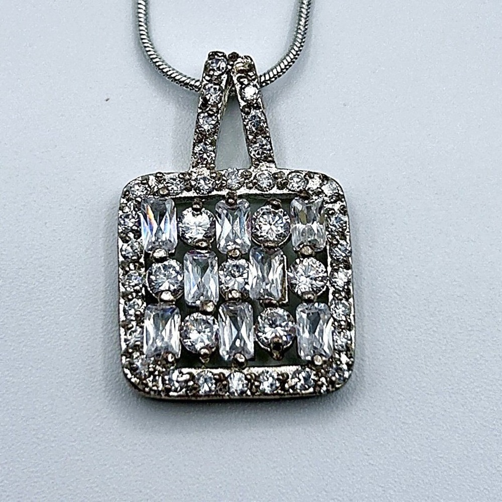 Baguette Round CZ Square Pendant Snake Chain Necklace Silver Tone